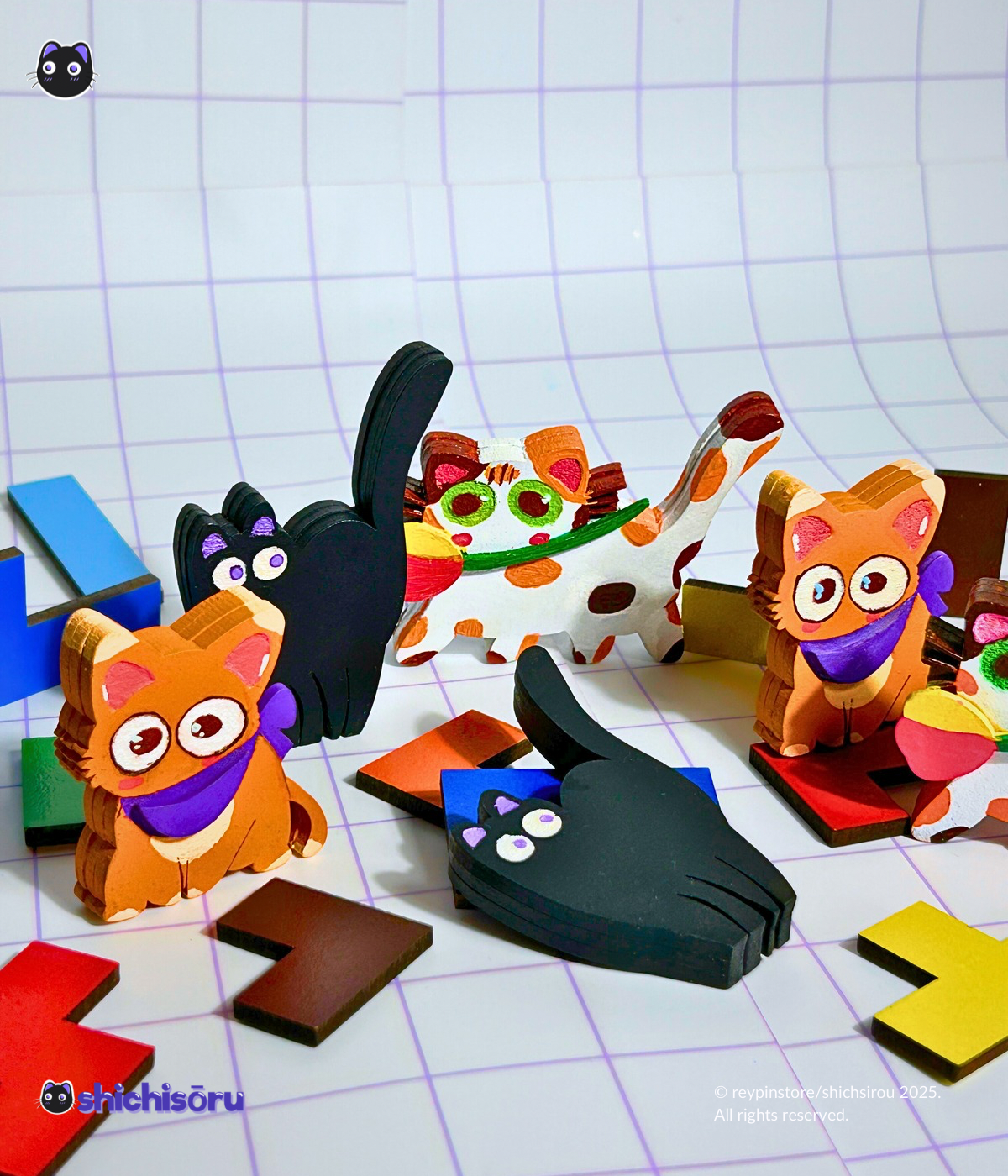 Colorful cat-shaped figures on a grid background