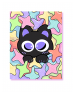 Black cat with purple eyes on a colorful starfish pattern