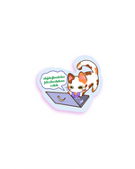 sticker with a cat using a laptop and text on a white background