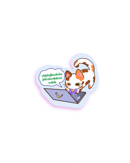sticker with a cat using a laptop and text on a white background