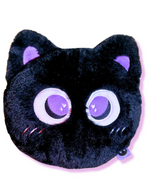 Black cat-shaped plush toy with purple accents on a white background