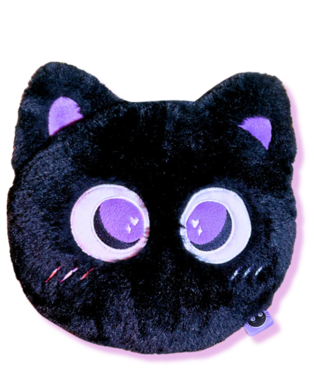 Black cat-shaped plush toy with purple accents on a white background