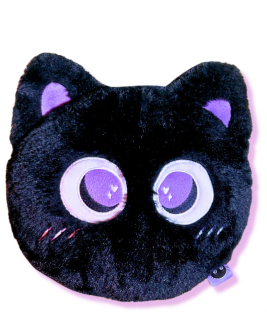 Black cat-shaped plush toy with purple accents on a white background