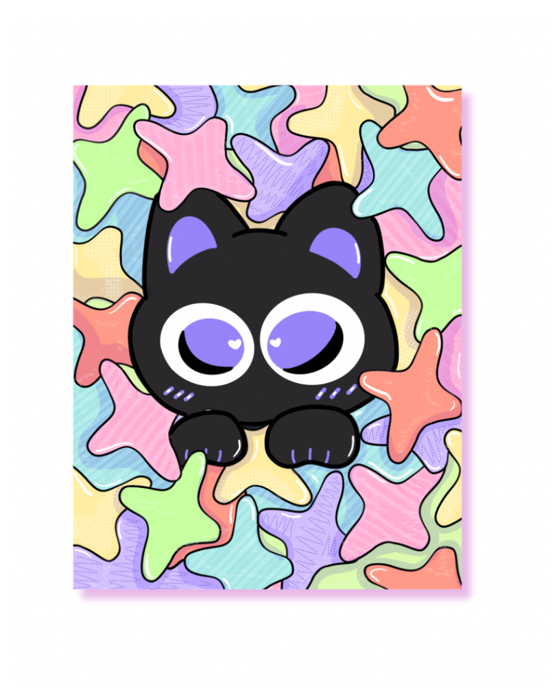 Black cat with purple eyes on a colorful starfish pattern