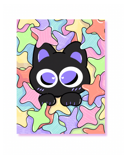 Black cat with purple eyes on a colorful starfish pattern