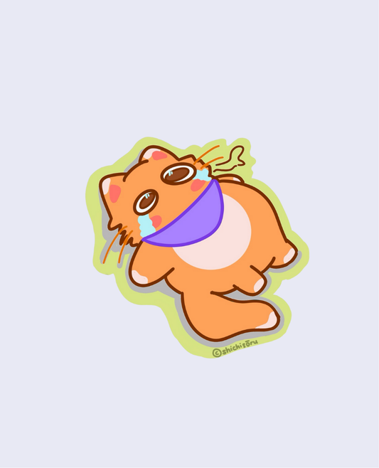 Cartoon cat sticker with a purple bikini on a light gray background
