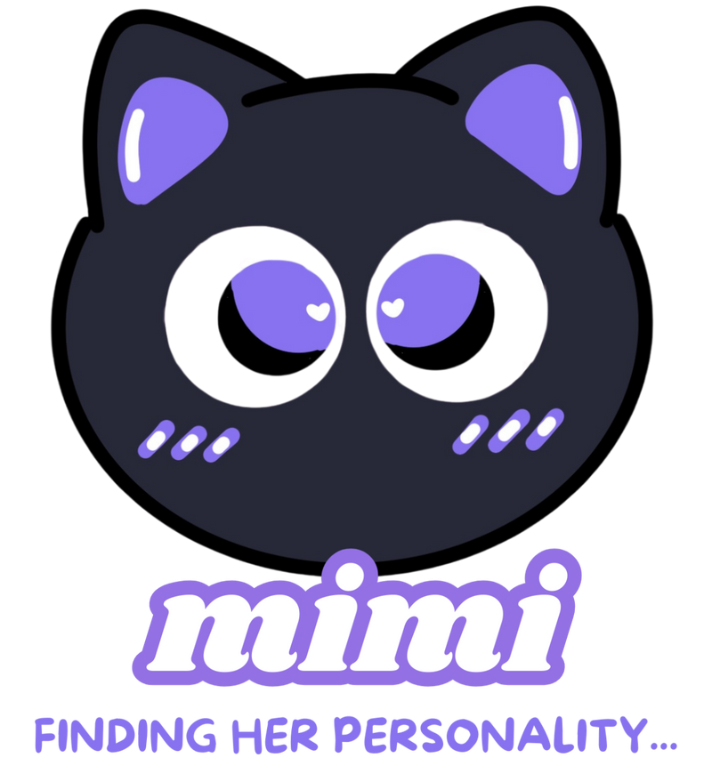 mimi cat face with large eyes and the word 'mimi' on a white background