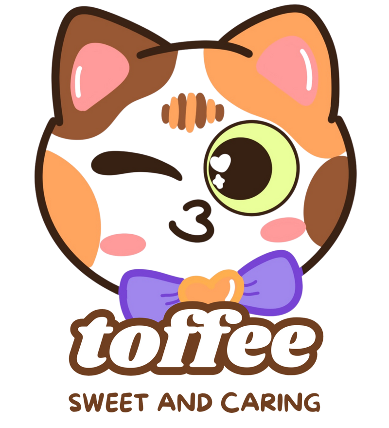 toffee cat character with a purple bow tie and text 'toffee sweet and caring' on a white background